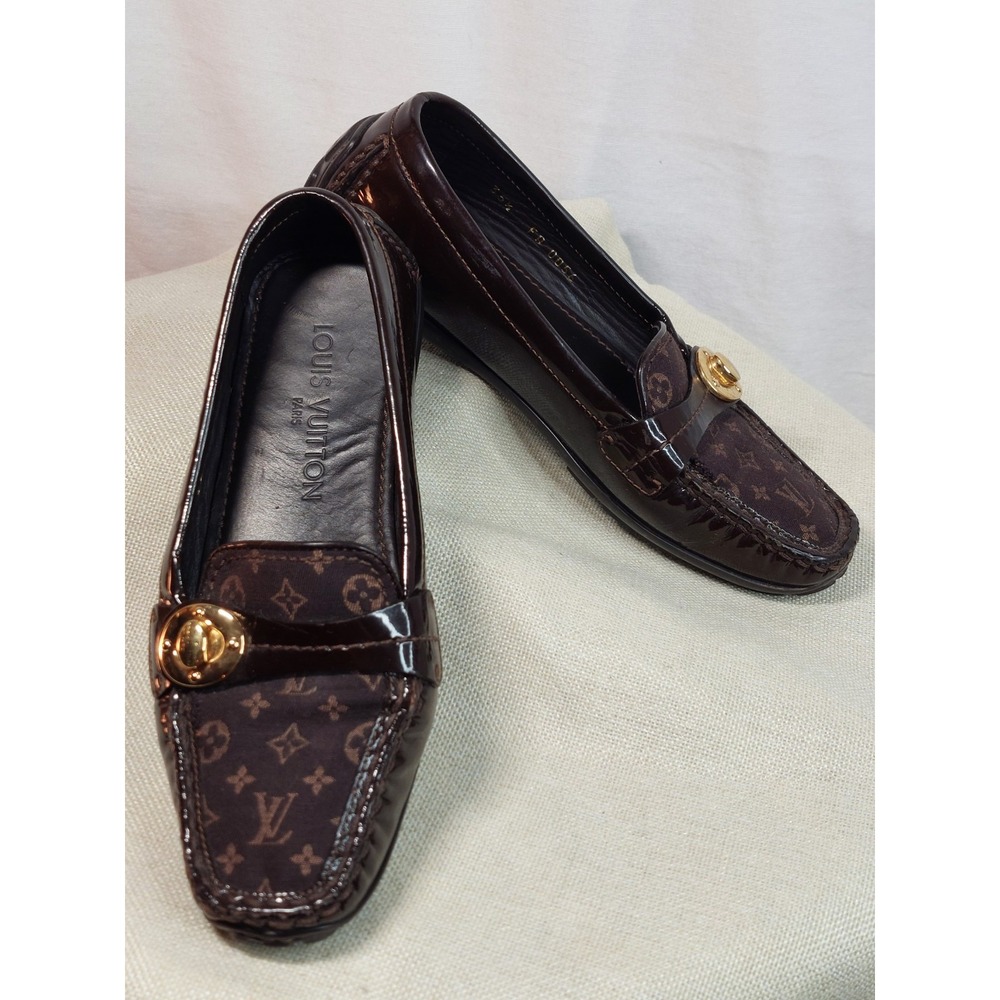 Louis Vuitton Mini Monogram Patent Leather Driving Loafers Shoe Brown Size 35.5